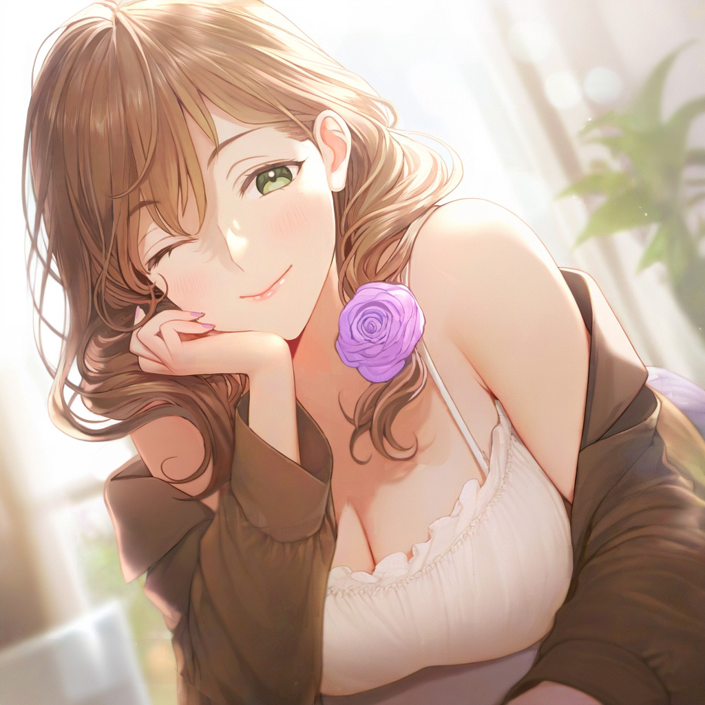 1girl ai-generated breasts brown_hair cleavage_cutout clothing_cutout curtains flower genshin_impact green_eyes hair_flower hair_ornament hand_on_own_chin indoors large_breasts lisa_(genshin_impact) long_hair looking_at_viewer loose_clothes mixed-language_commentary nail_polish nekocypher one_eye_closed plant potted_plant purple_flower smile solo upper_body wavy_hair