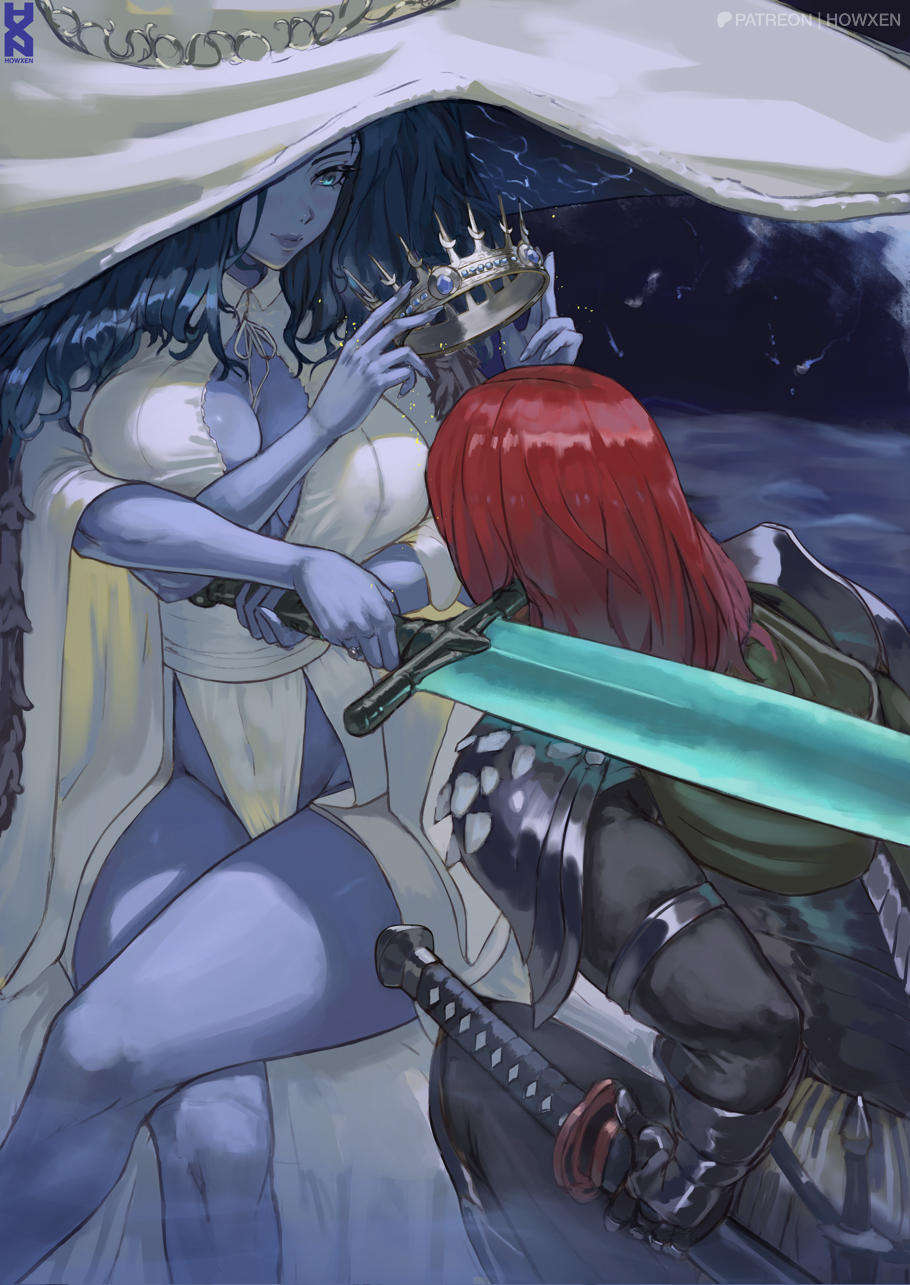 2girls blue_background blue_eyes blue_hair blue_lips blue_skin breasts cleavage closed_mouth colored_skin commentary commission coronation covered_navel crossed_legs crown elden_ring english_commentary extra_arms eyelashes hat highleg highres holding holding_crown holding_sword holding_weapon howxen large_breasts long_hair moonlight_greatsword multiple_girls ranni_the_witch red_hair sheath sheathed sitting sword tarnished_(elden_ring) weapon white_headwear witch_hat