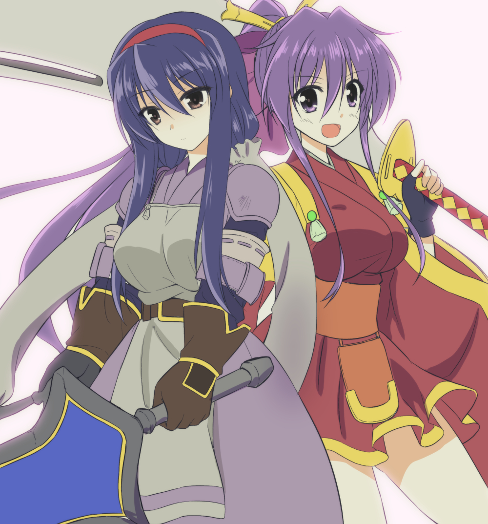 1girl 2girls anastasia_valeria belt blue_hair bow breasts closed_mouth crossover dancing_blade dress earrings endori fingerless_gloves full_body gloves hair_ornament hair_ribbon hairband high_heels huge_bow huge_weapon jewelry long_hair looking_at_viewer momohime_(dancing_blade) multiple_girls open_mouth ponytail purple_eyes purple_hair red_hairband ribbon shoes sidelocks simple_background smile solo standing sword transparent_background twintails very_long_hair watermark weapon white_background wild_arms wild_arms_2