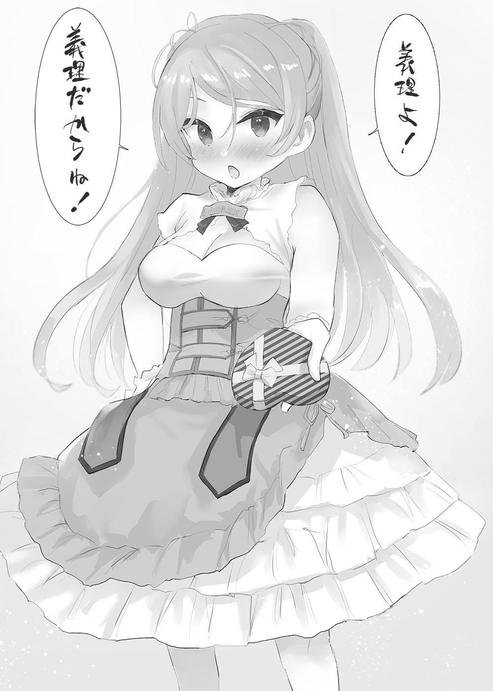 1girl blush box breasts cleavage conte_di_cavour_(kancolle) conte_di_cavour_nuovo_(kancolle) dress feet_out_of_frame gift gift_box greyscale heart-shaped_box highres holding holding_gift kantai_collection layered_dress long_hair looking_at_viewer medium_breasts monochrome open_mouth solo speech_bubble toka_(marchlizard) translation_request