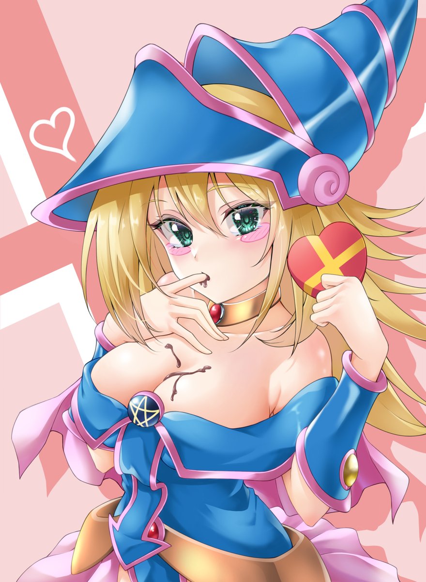 1girl bare_shoulders blonde_hair blue_headwear blush blush_stickers box breasts chocolate chocolate_on_body chocolate_on_breasts choker cleavage dark_magician_girl duel_monster finger_in_own_mouth food_on_body green_eyes hair_between_eyes hat heart-shaped_box highres large_breasts long_hair looking_at_viewer nobea solo valentine wizard_hat yu-gi-oh! yu-gi-oh!_duel_monsters