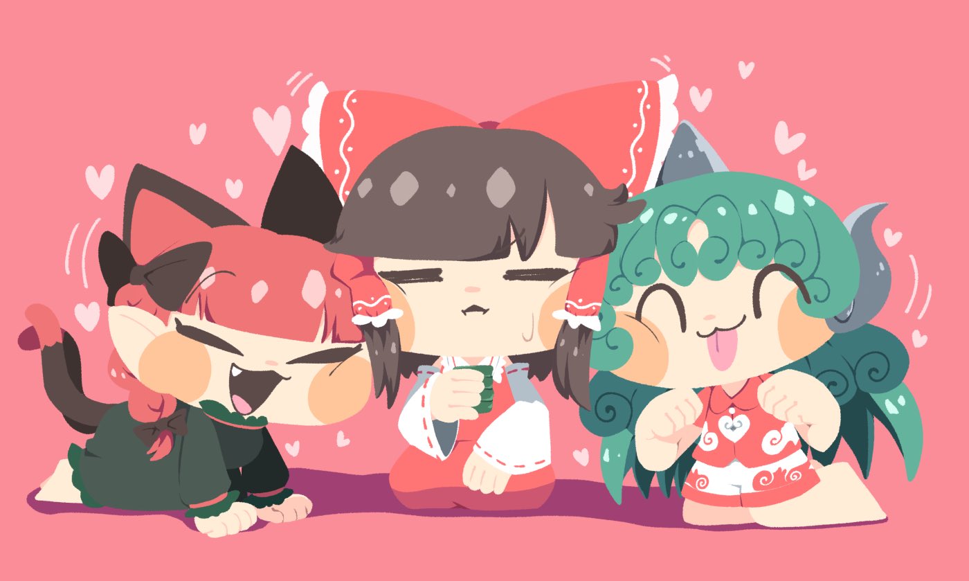 3girls :3 ^_^ animal_ears barefoot bow braid brown_hair cat_ears cat_girl cat_tail cheek-to-cheek chibi chibi_only closed_eyes cup detached_sleeves dress extra_ears green_dress green_hair hair_bow hair_tubes hakurei_reimu heads_together heart holding holding_cup horns kaenbyou_rin kariyushi_shirt kneeling komano_aunn long_hair long_sleeves multiple_girls multiple_tails open_mouth paw_pose pink_background pointy_ears red_bow red_hair red_skirt red_vest seiza shinsei_tomato shorts simple_background single_horn sitting skirt smile sweat tail tail_raised tongue tongue_out touhou two_tails vest white_sleeves wide_sleeves yunomi