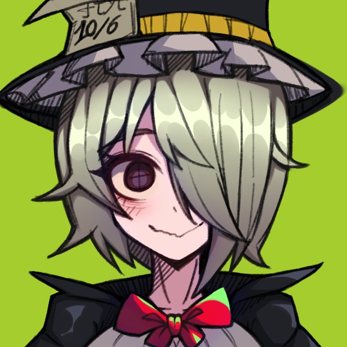 1girl black_headwear black_souls bow bowtie closed_mouth commentary cross-shaped_pupils green_background green_hair hair_over_one_eye hat hatter_(black_souls) koshou_shou_mitsu portrait purple_eyes red_bow red_bowtie short_hair simple_background smile solo straight-on symbol-only_commentary symbol-shaped_pupils top_hat upper_body