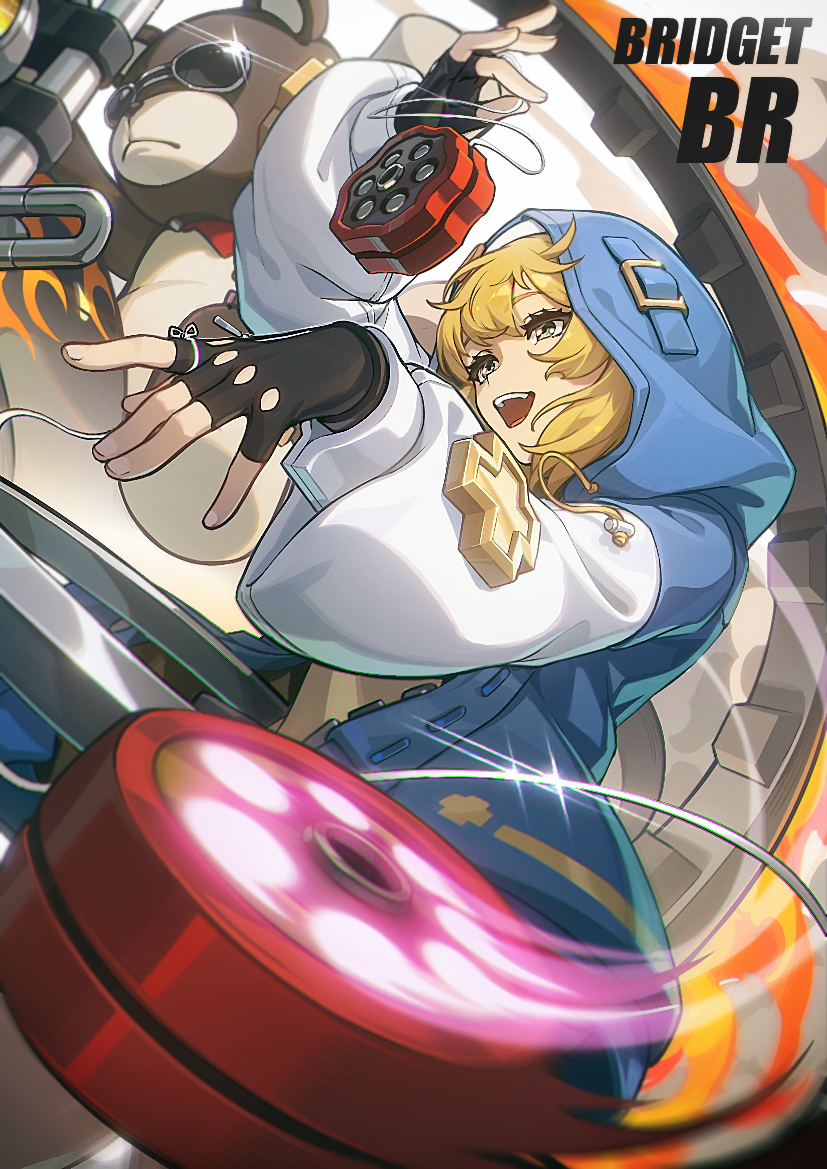 1girl bear black_gloves bridget_(guilty_gear) fingerless_gloves gloves guilty_gear guilty_gear_strive hood hoodie long_hair long_sleeves motor_vehicle motorcycle open_mouth smile standing sunglasses teeth yellow_eyes yo-yo zhiyan_li zipper