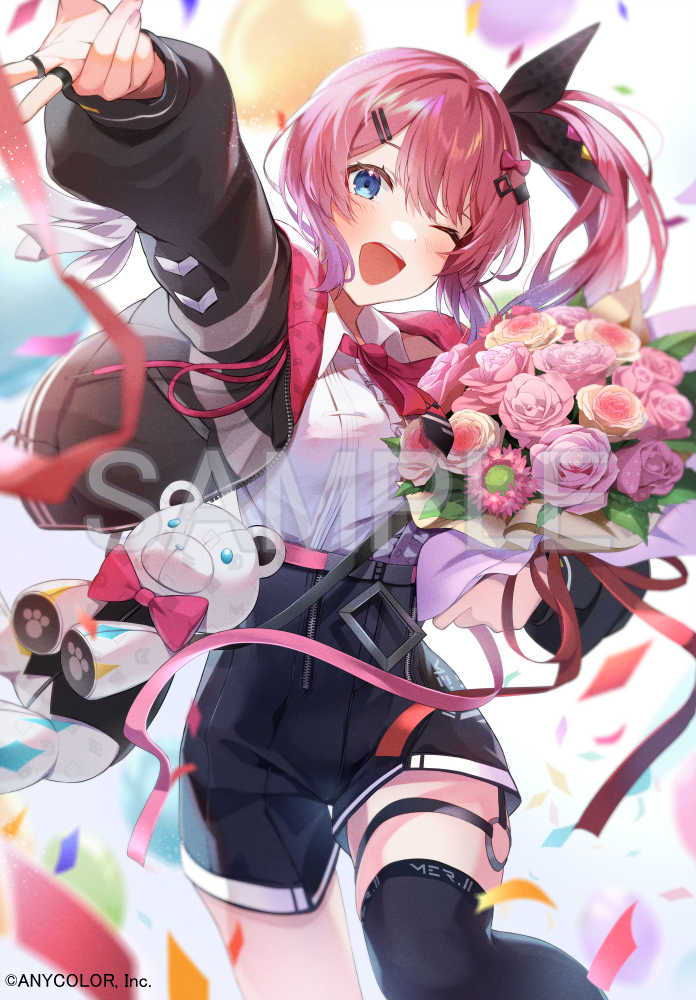 1girl ;d alicecoco asymmetrical_legwear balloon black_jacket black_shorts black_thighhighs blouse blue_eyes blush bouquet bow breasts collared_shirt confetti copyright_name cropped_jacket dot_nose flower gradient_hair holding holding_bouquet jacket kuramochi_meruto kuramochi_meruto_(1st_costume) medium_breasts medium_hair multicolored_hair nijisanji o-ring o-ring_thigh_strap official_art one_eye_closed open_clothes open_jacket open_mouth outstretched_arm pink_bow pink_flower pink_hair purple_hair rose sample_watermark shirt shorts single_thighhigh sleeveless sleeveless_shirt smile solo streamers stuffed_animal stuffed_toy teddy_bear teeth thigh_strap thighhighs tongue virtual_youtuber watermark white_shirt