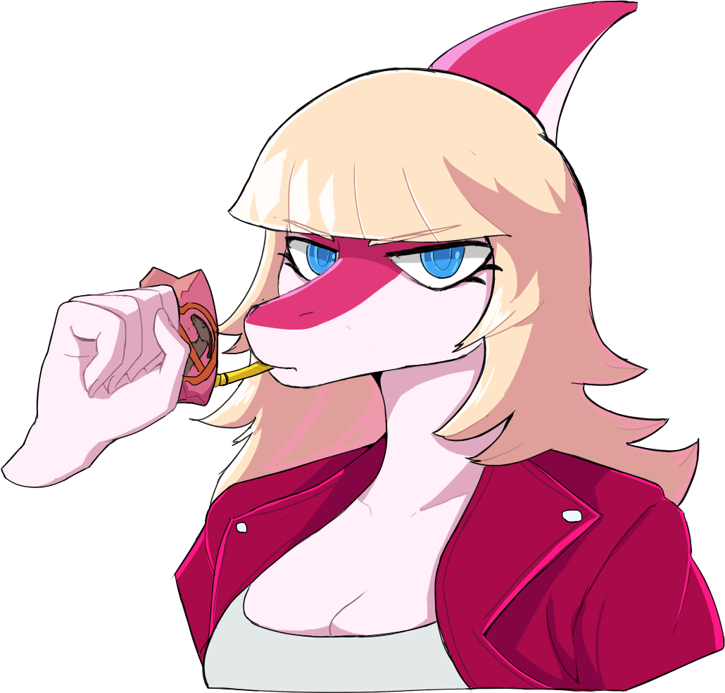 2024 5_fingers alpha_channel anthro blonde_hair blue_eyes breasts cleavage clothed clothing digital_drawing_(artwork) digital_media_(artwork) dinosaur eyelashes female fingers hadrosaurid hair i_wani_hug_that_gator jacket juice_box long_hair looking_at_viewer magenta_body magenta_scales mia_(iwhtg) multicolored_body multicolored_scales ornithischian parasaurolophus reptile scales scalie simple_background snout solo straw topwear transparent_background two_tone_body two_tone_scales unknown_artist white_body white_scales