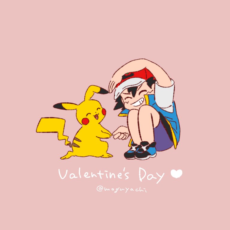 2boys artist_name ash_ketchum baseball_cap closed_eyes commentary_request english_text hachisen hat heart holding_hands jacket male_focus multiple_boys pikachu pink_background pokemon pokemon_(creature) red_headwear teeth