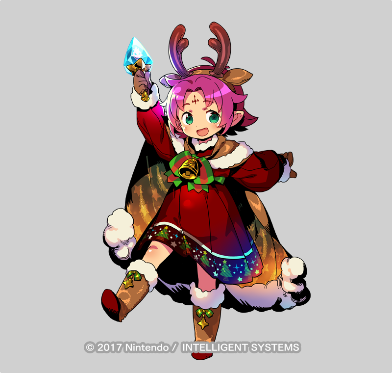 1girl antlers arm_up bell boots bow brown_gloves cape company_name copyright_name dress fa facial_mark fire_emblem fire_emblem:_fuuin_no_tsurugi fire_emblem_heroes forehead_mark full_body fur_trim gloves green_eyes grey_background himukai_yuuji leg_up long_sleeves mamkute nintendo official_art open_mouth pointy_ears purple_hair reindeer_antlers short_hair simple_background solo