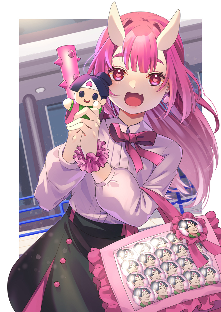 1girl badge bag button_badge club_(weapon) collared_shirt commentary_request doll earrings fang heart heart-shaped_pupils heart_earrings holding holding_doll horns itabag jewelry long_hair long_sleeves neck_ribbon oni open_mouth original pink_eyes pink_hair ribbon ryofuhiko scrunchie shirt shirt_tucked_in skin-covered_horns skin_fang skirt smile solo spiked_club symbol-shaped_pupils very_long_hair weapon wrist_scrunchie