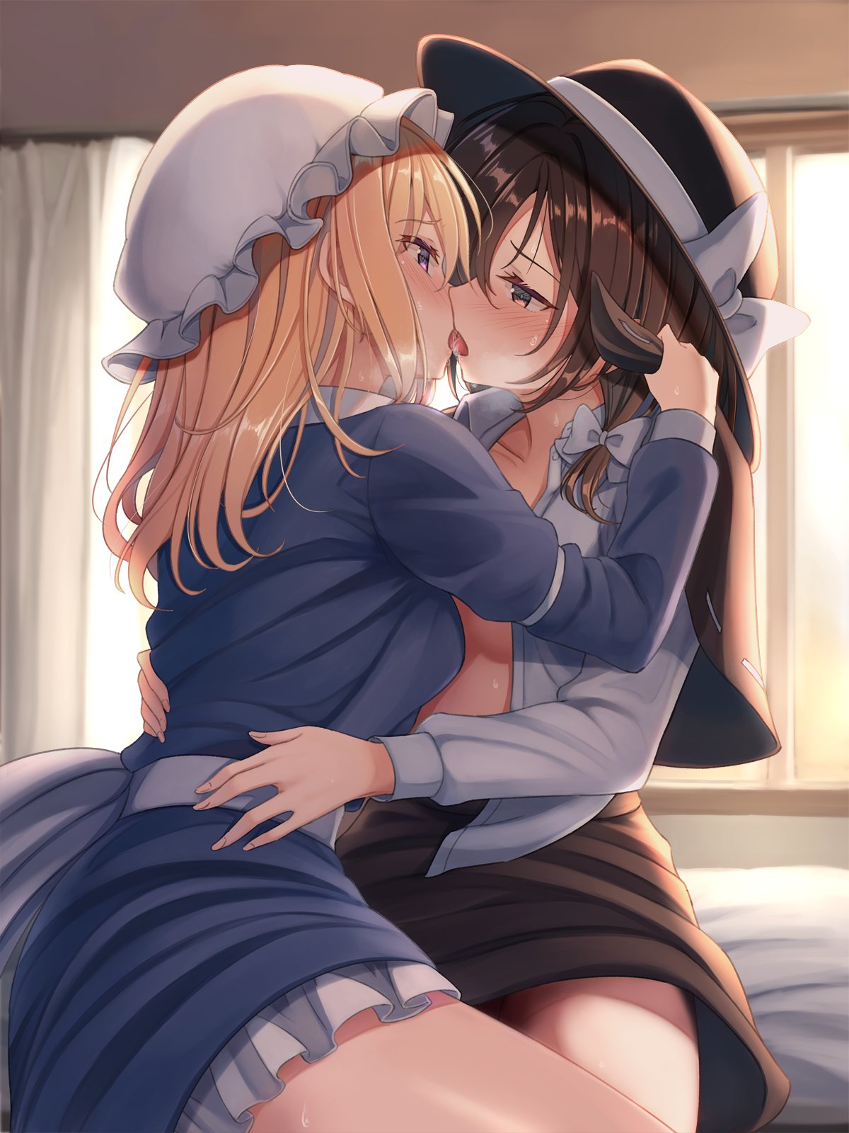 2girls bed bed_sheet black_capelet blonde_hair blush bow breasts brown_eyes brown_hair capelet commentary curtains dress fedora french_kiss fumei_(mugendai) hair_bow hat hat_bow highres kiss long_sleeves looking_at_another maribel_hearn medium_breasts medium_hair mob_cap multiple_girls open_mouth ribbon-trimmed_capelet shirt short_hair sitting skirt touhou unbuttoned unbuttoned_shirt usami_renko white_bow white_headwear white_shirt window yuri