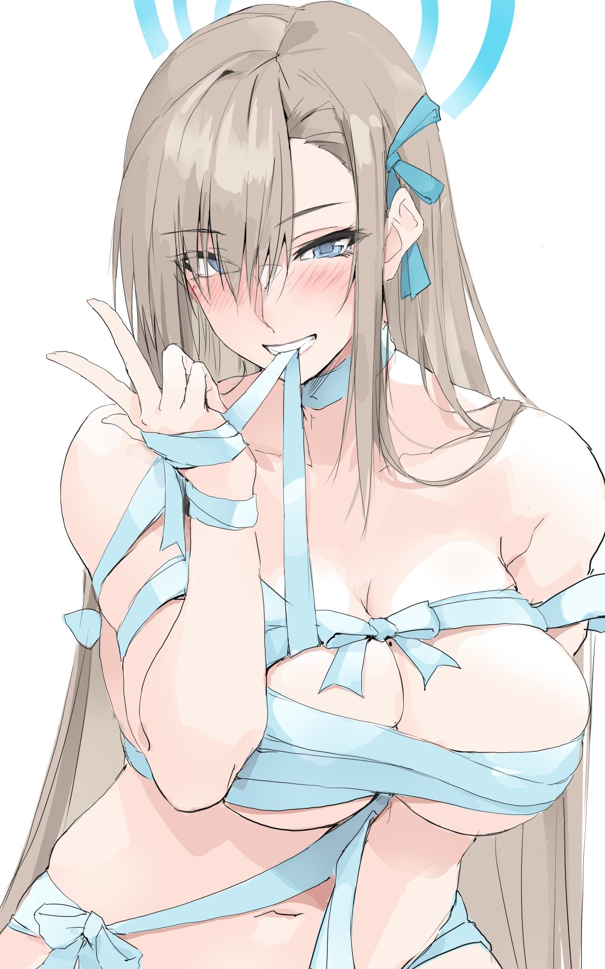 1girl apron asuna_(blue_archive) bare_shoulders blue_archive blue_eyes blue_ribbon blush breasts cleavage collarbone grin hair_over_one_eye hair_ribbon halo highres large_breasts light_brown_hair long_hair looking_at_viewer mole mole_on_breast naked_apron navel nude ribbon smile solo v very_long_hair zekkyon