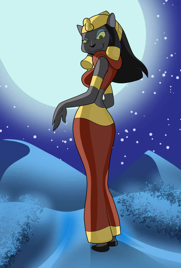 :3 anthro atomictiki breasts clothed clothing desert disney disney's_aladdin domestic_cat felid feline felis female full_moon fully_clothed looking_at_viewer looking_back mammal mirage_(disney) moon solo star