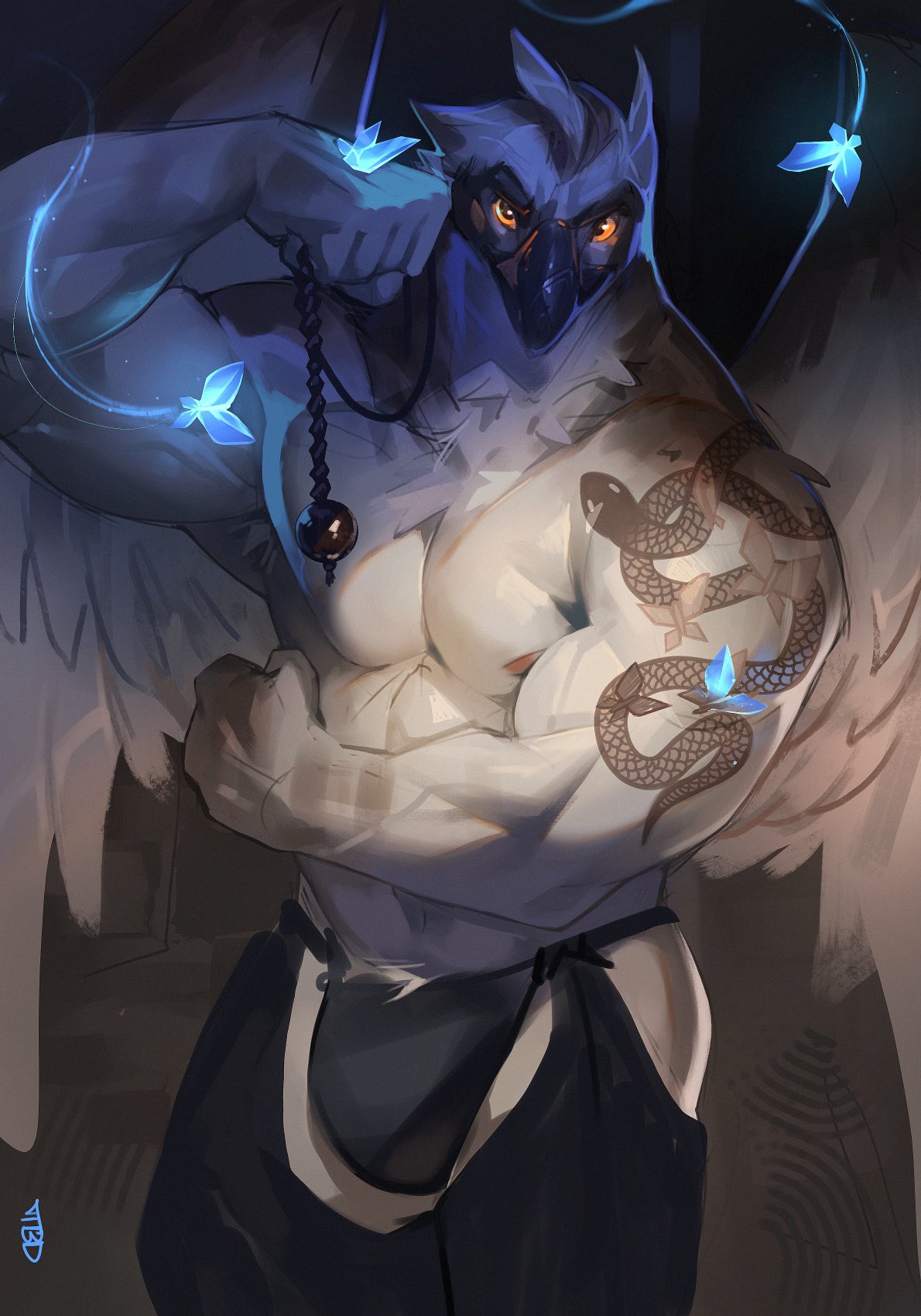 2023 abs accipitriform anthro armpit_hair avian beak biceps bird body_hair clothed clothing deltoids fist flexing flexing_bicep forearms glowing glowing_eyes hi_res holding_object looking_at_viewer male markings muscular mystikfox61 nipples orange_sclera osprey pecs shaded signature simple_background solo standing topless triceps vein veiny_muscles white_body wings