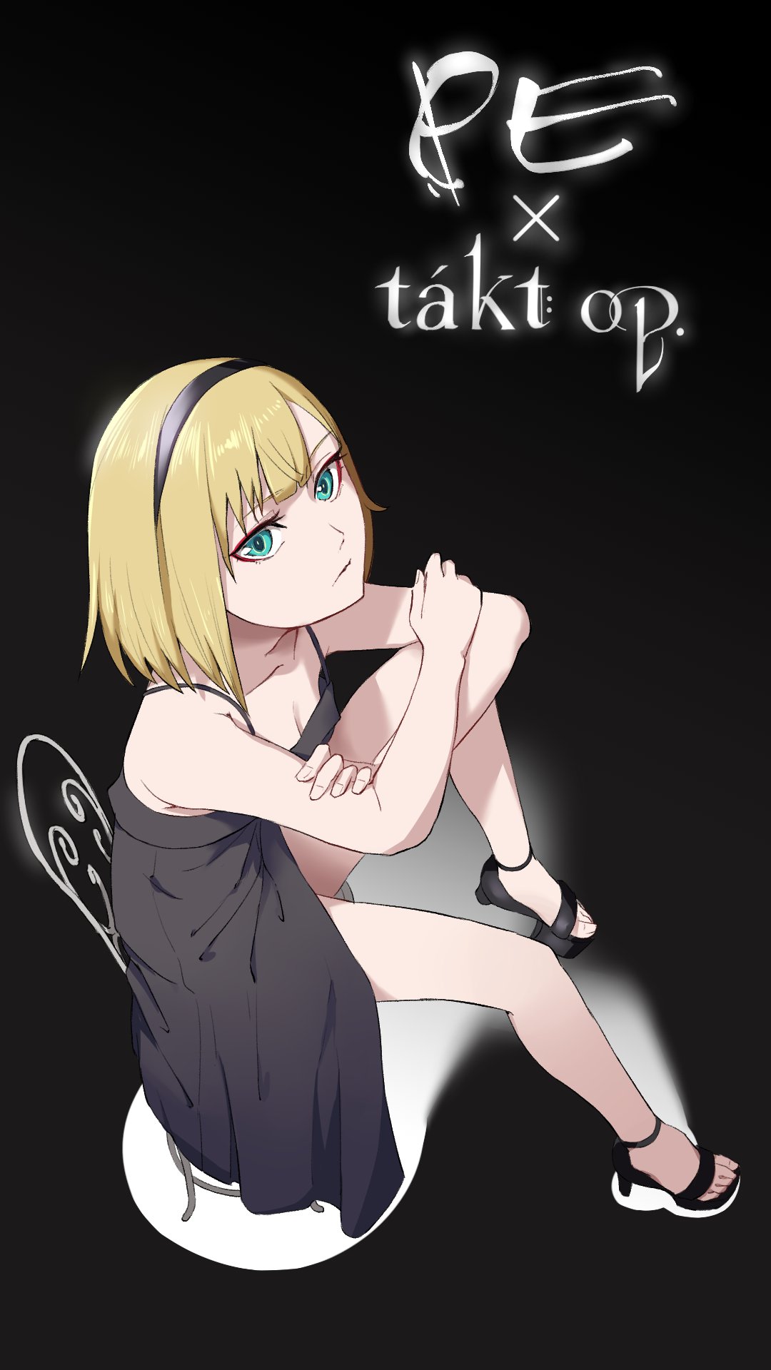 1girl aya_brea bare_legs bare_shoulders black_dress black_footwear black_hairband blonde_hair blue_eyes breasts chair cleavage clock1231 closed_mouth cosette_schneider cosplay dress full_body hairband high_heels highres legs looking_at_viewer parasite_eve short_hair sitting solo takt_op.