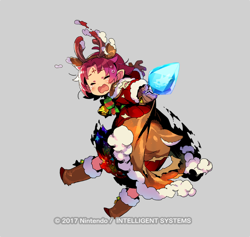 1girl antlers bell boots bow brown_gloves cape company_name copyright_name dress eyes_closed fa facial_mark fire_emblem fire_emblem:_fuuin_no_tsurugi fire_emblem_heroes forehead_mark full_body fur_trim gloves grey_background himukai_yuuji long_sleeves mamkute nintendo official_art open_mouth outstretched_arm pointy_ears purple_hair reindeer_antlers short_hair simple_background solo tears torn_clothes