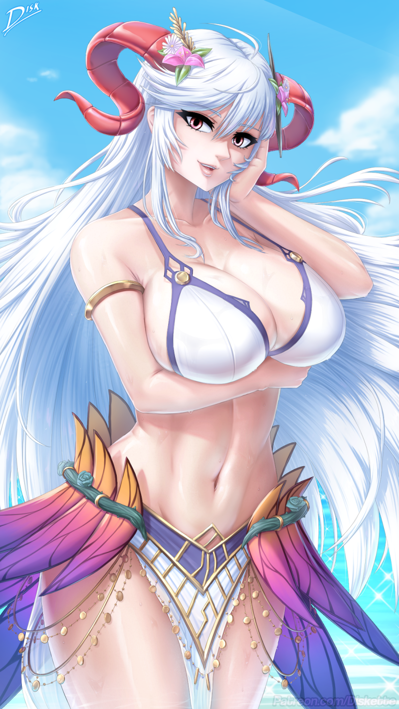 1girl armlet artist_name bikini blue_sky breasts cleavage commission curled_horns diskette english_commentary fire_emblem fire_emblem_heroes flower freyja_(fire_emblem) freyja_(summer)_(fire_emblem) goat_horns hair_flower hair_ornament highres horns large_breasts long_hair looking_at_viewer navel official_alternate_costume open_mouth pelvic_curtain red_eyes red_horns sky solo swimsuit white_bikini white_hair