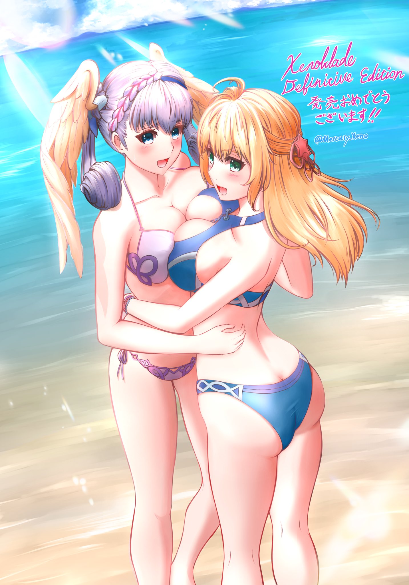 2girls ass bikini blonde_hair blue_eyes breast_press breasts cleavage curly_hair day fiorun from_behind green_eyes head_wings highres large_breasts looking_back melia mercury_xeno multiple_girls open_mouth outdoors silver_hair swimsuit symmetrical_docking twitter_username water xenoblade_(series) xenoblade_1
