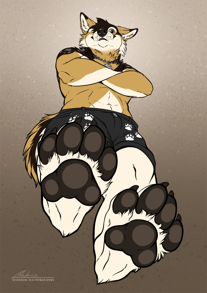 4_toes anthro avoid_posting bottomwear canid canine canis chain clothed clothing dannydumal foot_focus fur male mammal pawpads plantigrade shorts silvixen smile solo toes topless wolf