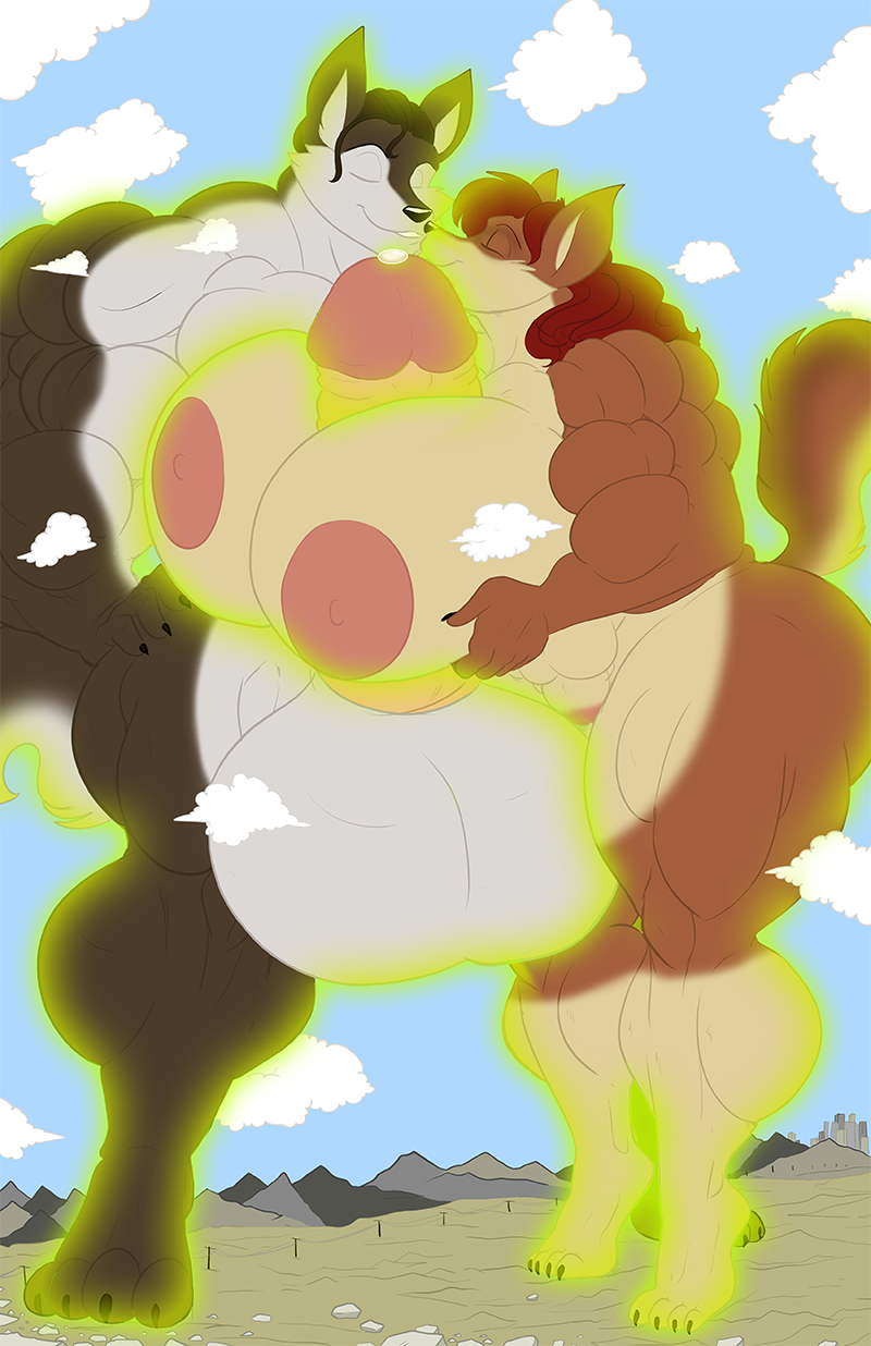 2014 anthro balls big_balls big_breasts big_muscles big_penis bodily_fluids breasts brown_body brown_fur canid canine canis collaboration comic digital_media_(artwork) duo embrace erection eyes_closed female fur genital_fluids genitals glowing grin growth hair hi_res huge_balls huge_breasts huge_muscles huge_penis humanoid_genitalia humanoid_penis hyper hyper_genitalia hyper_penis jaeh lucy_(pixiekirin) macro male male/female mammal muscle_growth muscular muscular_female muscular_male nipples nude outside penis precum pussy radiation red_hair sex siman-clifton simon_(siman-clifton) smile titfuck uncut wolf
