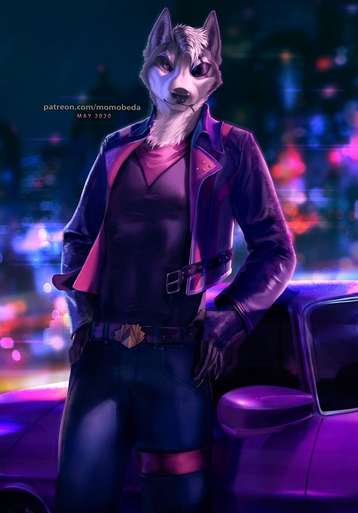 2020 anthro belt buckle canid canine canis car city city_lights clothing detailed detailed_fur eye_patch eyewear fingerless_gloves gloves handwear jacket leather leather_jacket male mammal momobeda night nintendo pinup pose solo star_fox topwear vehicle video_games wolf wolf_o'donnell