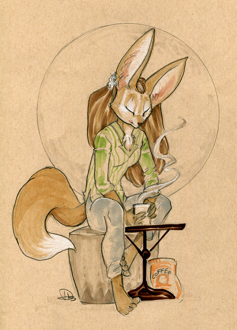 anthro barefoot brown_hair canid canine clothed clothing cup dhstein ear_piercing english_text eyes_closed female fennec fox fully_clothed fur furniture hair mammal piercing simple_background solo steam table tan_background tan_body tan_fur text white_body white_fur