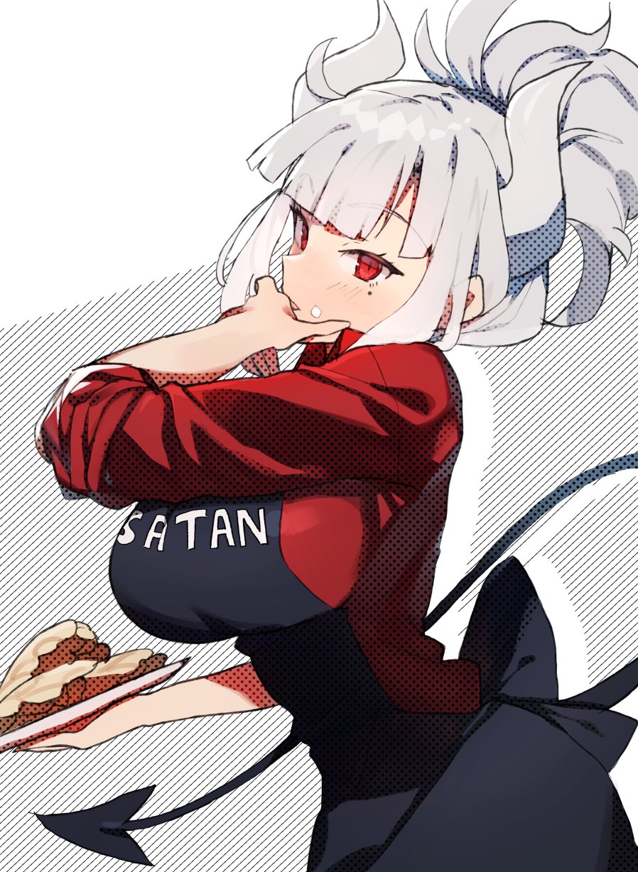 1girl apron bangs black_apron blunt_bangs blush breasts clothes_writing commentary_request demon_horns demon_tail eyebrows_visible_through_hair food food_on_face head_tilt helltaker high_ponytail highres holding holding_plate horns kasuka_(kusuki) large_breasts long_sleeves looking_at_viewer lucifer_(helltaker) mole mole_under_eye plate red_eyes red_shirt shirt short_hair sidelocks silver_hair solo tail upper_body white_background