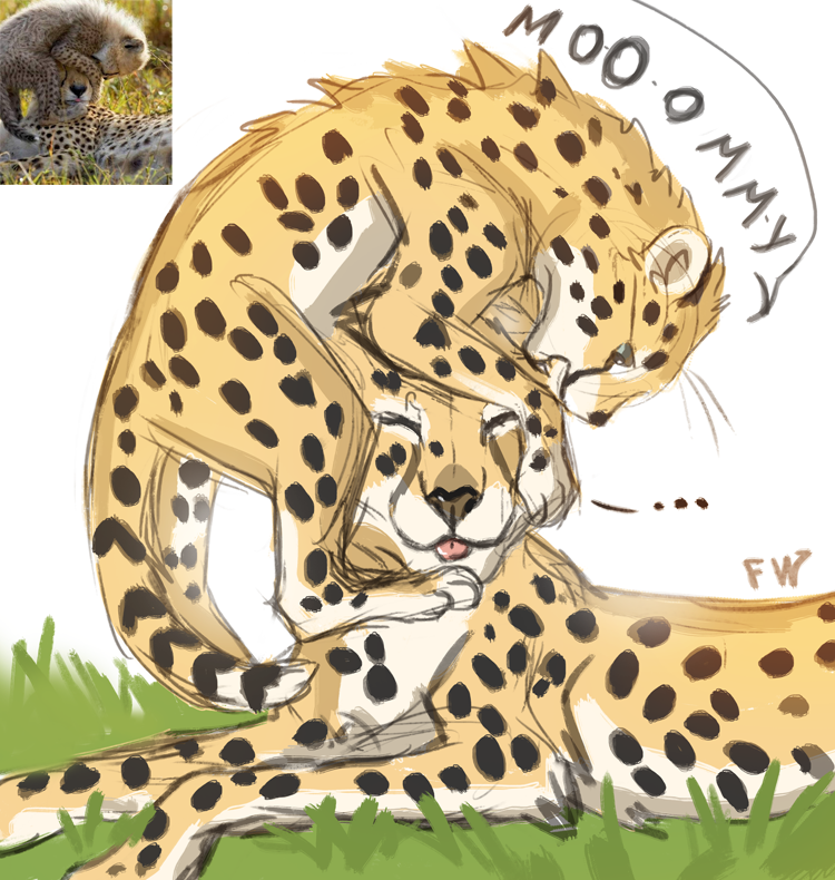 2020 black_spots cheetah child digital_media_(artwork) duo english_text eyes_closed felid feline feral flashlioness fur grass lying mammal mother mother_and_child parent parent_and_child playful simple_background speach_bubble spots spotted_body spotted_fur text tongue tongue_out white_body white_fur yellow_body yellow_fur young