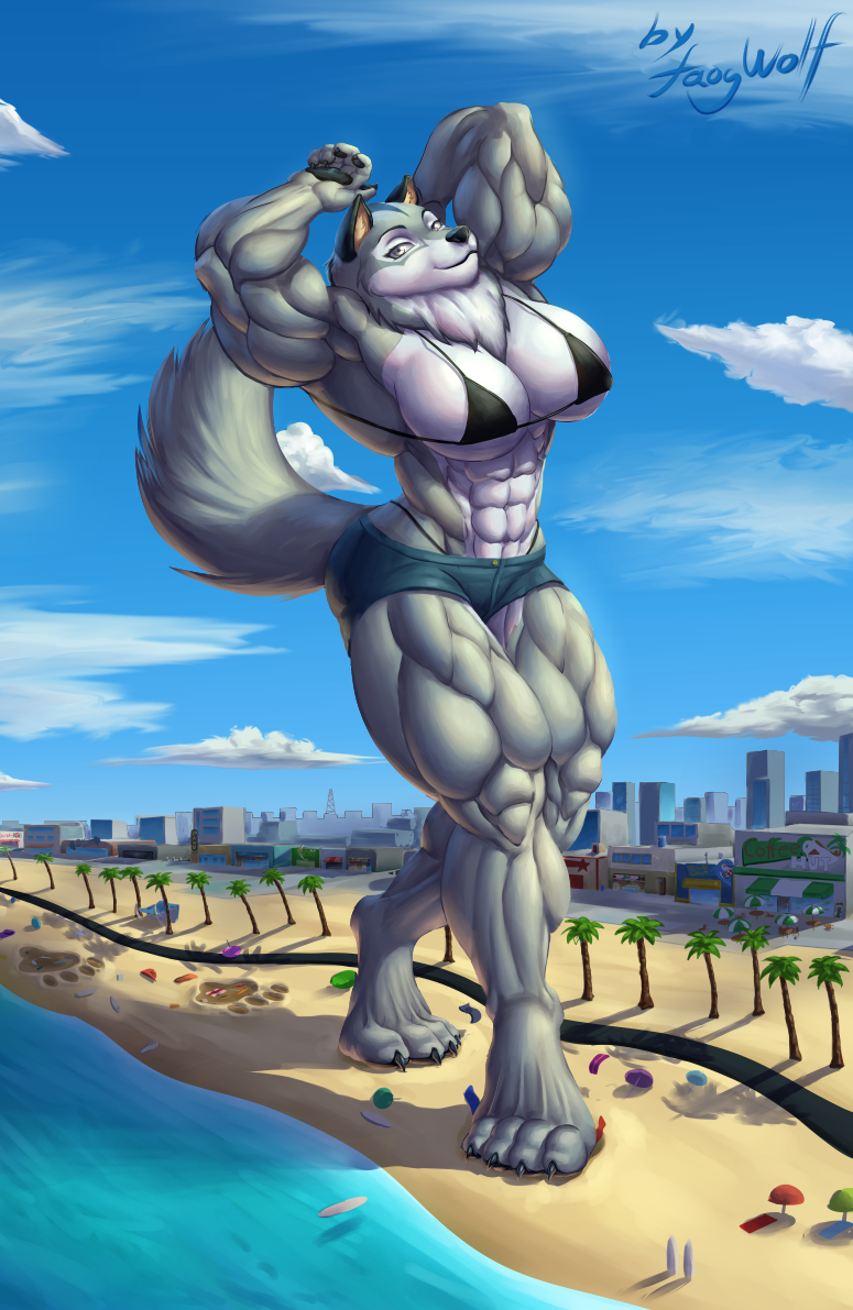 abs anthro beach big_muscles bikini bikini_top biped bottomwear breasts building chest_tuft city cleavage clothed clothing detailed_background digital_media_(artwork) faogwolf female footprint full-length_portrait fur grey_body grey_fur hand_behind_head karawuff looking_at_viewer macro micro midriff muscular muscular_female outside paws portrait pose raised_arm seaside shorts solo stomping swimwear tuft