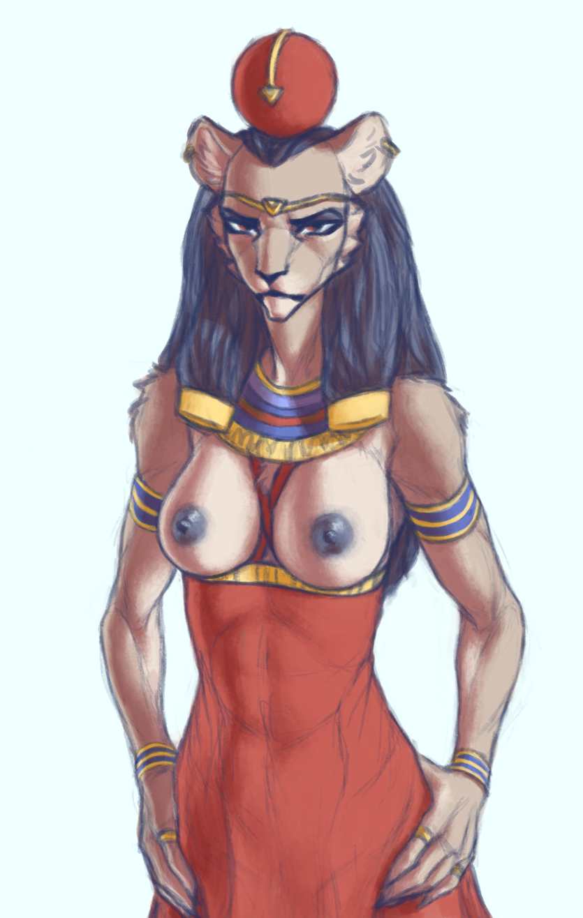 5_fingers abs angry_eyes anthro areola black_areola black_hair black_nipples bracelet breasts clothed clothing crown deity dress ear_piercing ear_ring egyptian egyptian_clothing egyptian_headdress egyptian_mythology exposed_breasts felid female fingers fur hair hands_on_hips hi_res jewelry lion long_hair mammal middle_eastern_mythology mythology nipples pantherine partially_clothed piercing red_clothing red_eyes ring sekhmet solo tan_body tan_fur xenoyparxi