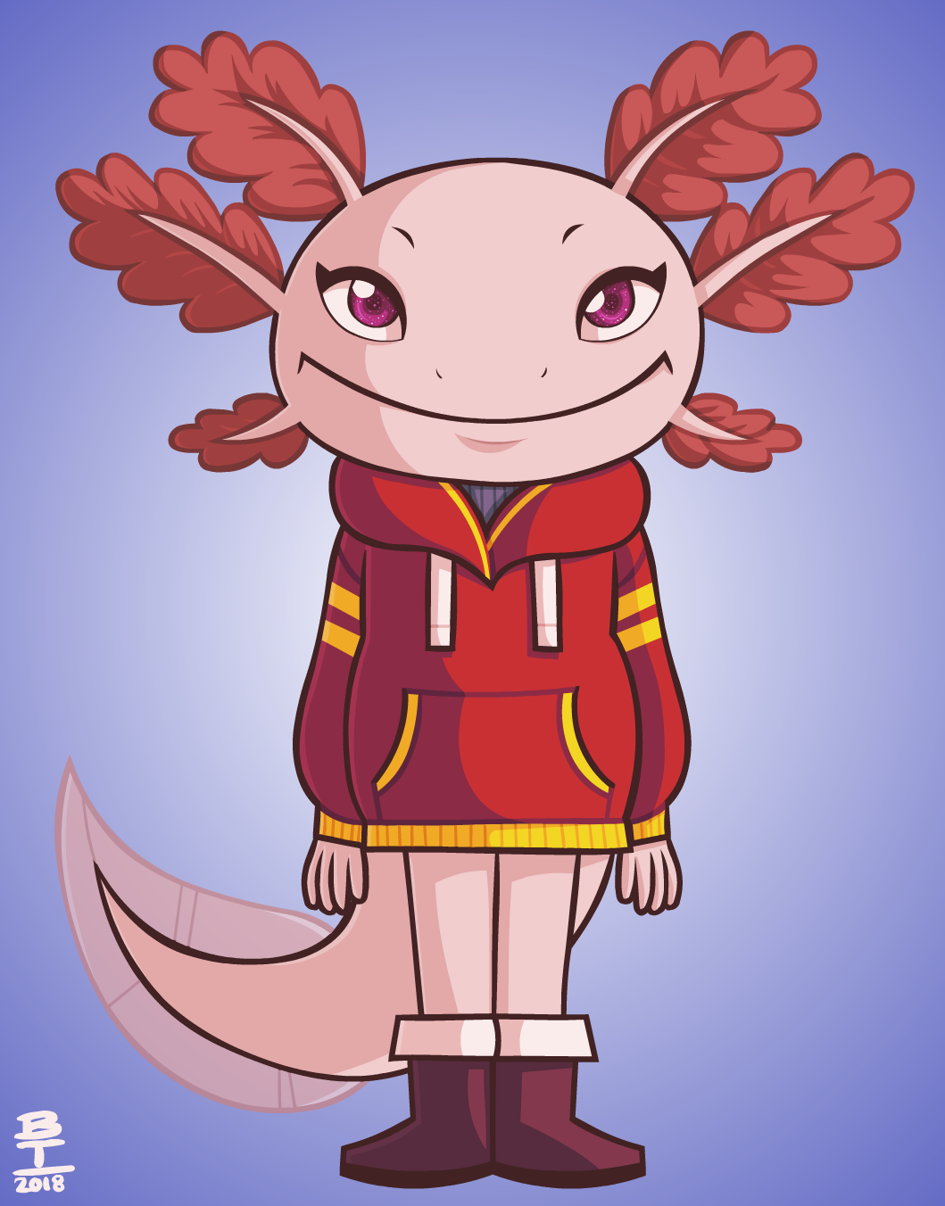 2018 amphibian anthro axey_(wazzaldorp) axolotl boots clothing female footwear gradient_background hi_res hoodie mole_salamander pink_eyes real_axolotl_hours salamander_(amphibian) simple_background solo topwear wazzaldorp