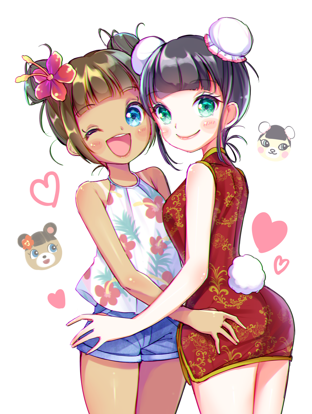 2girls ;d aqua_eyes ass bangs bare_arms bare_shoulders bear bear_tail black_hair blue_eyes blue_shorts blush breasts brown_hair bun_cover china_dress chinese_clothes chromatic_aberration closed_mouth cowboy_shot double_bun doubutsu_no_mori dress dual_persona eyebrows_visible_through_hair facing_another floral_print flower hair_flower hair_ornament heart hibiscus hibiscus_print highres jasmine_(doubutsu_no_mori) kurape_(pat1na) legs_together lips looking_at_viewer may_(doubutsu_no_mori) medium_breasts multiple_girls one_eye_closed open_mouth personification pink_flower pink_lips red_dress shirt short_dress short_hair shorts simple_background sleeveless sleeveless_dress smile tail tan tanline teeth white_background white_shirt