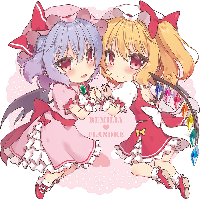 2girls :d ascot back_bow bangs bat_wings beni_kurage blonde_hair blue_hair blush bow character_name chibi commentary_request crystal dress english_text fang fang_out fangs feet_out_of_frame fingernails flandre_scarlet floating full_body hat hat_bow hat_ribbon holding_hands jewelry looking_at_viewer mary_janes mob_cap multicolored_wings multiple_girls one_side_up petticoat pointy_ears puffy_short_sleeves puffy_sleeves red_bow red_eyes red_footwear red_ribbon red_skirt red_vest remilia_scarlet ribbon sash shiny shiny_hair shoes short_sleeves siblings side_ponytail simple_background sisters skirt skirt_set smile touhou vest white_background white_dress white_legwear wings wrist_cuffs