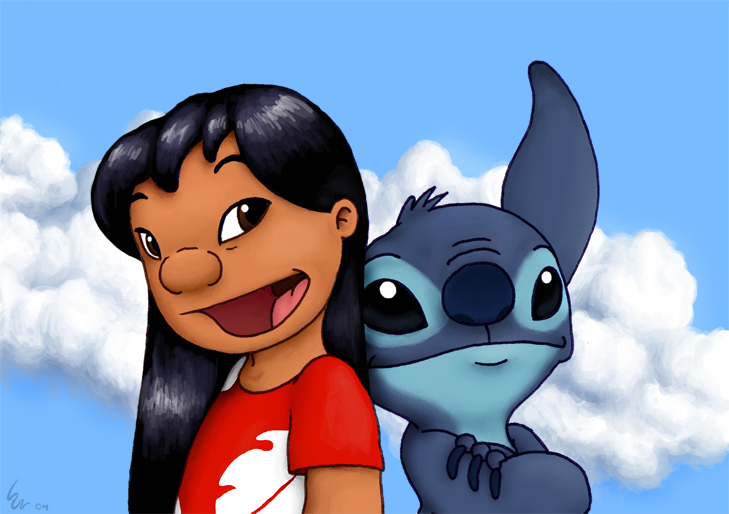 2004 alien blue_body blue_claws blue_fur blue_nose brown_eyes child claws clothing cloud crossed_arms disney experiment_(lilo_and_stitch) eyebrows female fur hair human lilo_and_stitch lilo_pelekai long_hair male male_(lore) mammal no_sclera ribera signature smile stitch_(lilo_and_stitch) tan_body tan_skin tongue young