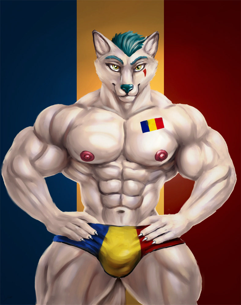 2020 abs anthro biceps big_muscles biped bleakcat bulge canid canine claws clothed clothing digital_media_(artwork) eyebrows flag fox front_view fur green_eyebrows green_hair green_nose hair hands_on_hips looking_at_viewer male mammal muscular muscular_male navel nipples pecs pink_nipples portrait quads romanian_flag short_hair simple_background solo speedo standing swimwear three-quarter_portrait topless white_body white_claws white_fur yellow_eyes