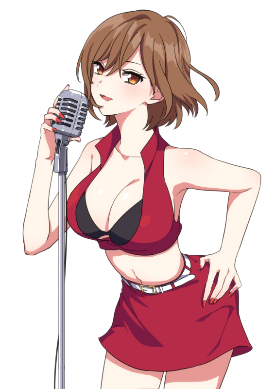 1girl akiyoshi_(tama-pete) bare_arms bare_legs bare_shoulders belt black_bra blush bra breasts brown_eyes brown_hair cleavage collarbone collared_crop_top cowboy_shot crop_top eyelashes fingernails floating_hair hair_between_eyes half-closed_eyes hand_on_hip holding holding_microphone large_breasts leaning leaning_forward light_smile looking_at_viewer meiko microphone microphone_stand midriff navel parted_lips red_nails red_skirt shaded_face shiny shiny_hair shiny_skin short_hair shoulder_blush sideboob simple_background skirt solo thighs underwear vocaloid white_background