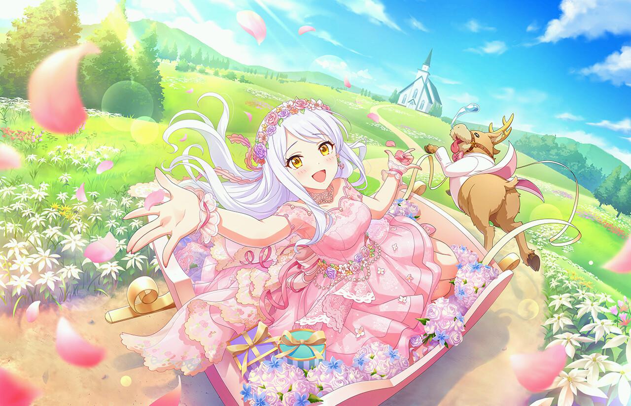 animal blitzen bouquet church clothed_animal dress eve_santaclaus eyebrows_visible_through_hair flower gift head_wreath idolmaster idolmaster_cinderella_girls jewelry lens_flare looking_at_viewer necklace official_art petals pink_dress scenery silver_hair sleigh tree yellow_eyes