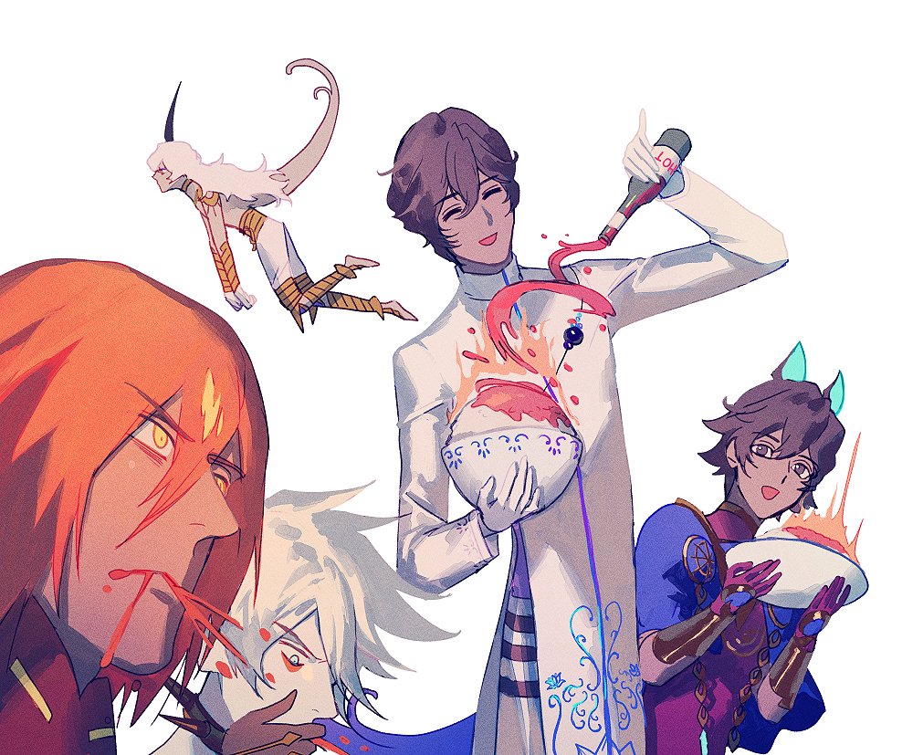 5boys arjuna_(fate/grand_order) arjuna_alter armor ashwatthama_(fate/grand_order) bangs black_hair blue_eyes bodysuit bonzon_e bottle brown_eyes chest closed_eyes collar coughing curry curry_rice dark_skin dark_skinned_male eyebrows_visible_through_hair fate/apocrypha fate/grand_order fate_(series) floating food full_body gloves grey_eyes hair_between_eyes hand_to_own_mouth holding horns hot_sauce jewelry karna_(fate) long_hair long_sleeves male_focus multiple_boys open_mouth pale_skin pants red_hair revealing_clothes rice shirtless short_hair sitting smile spiked_collar spikes tail upper_body white_background white_hair yellow_eyes