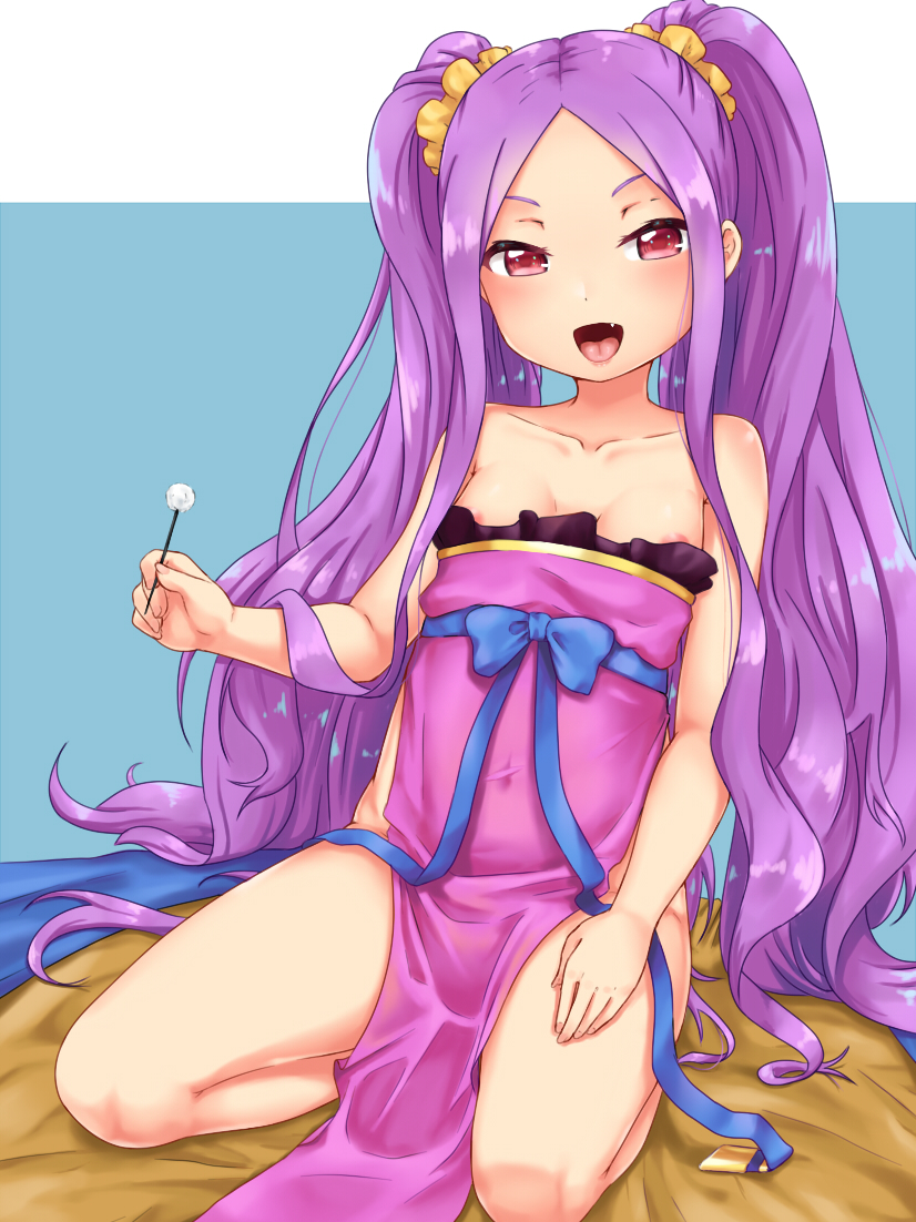 1girl areola_slip areolae bangs bare_shoulders blue_ribbon blush breasts chinese_clothes collarbone cotton_swab covered_navel dress fate/grand_order fate_(series) forehead hair_ornament hair_scrunchie hanfu june_(ne_z_asa) long_hair looking_at_viewer open_mouth parted_bangs pelvic_curtain purple_dress purple_eyes purple_hair ribbon scrunchie seiza sitting small_breasts smile thighs twintails very_long_hair wu_zetian_(fate/grand_order) yellow_scrunchie
