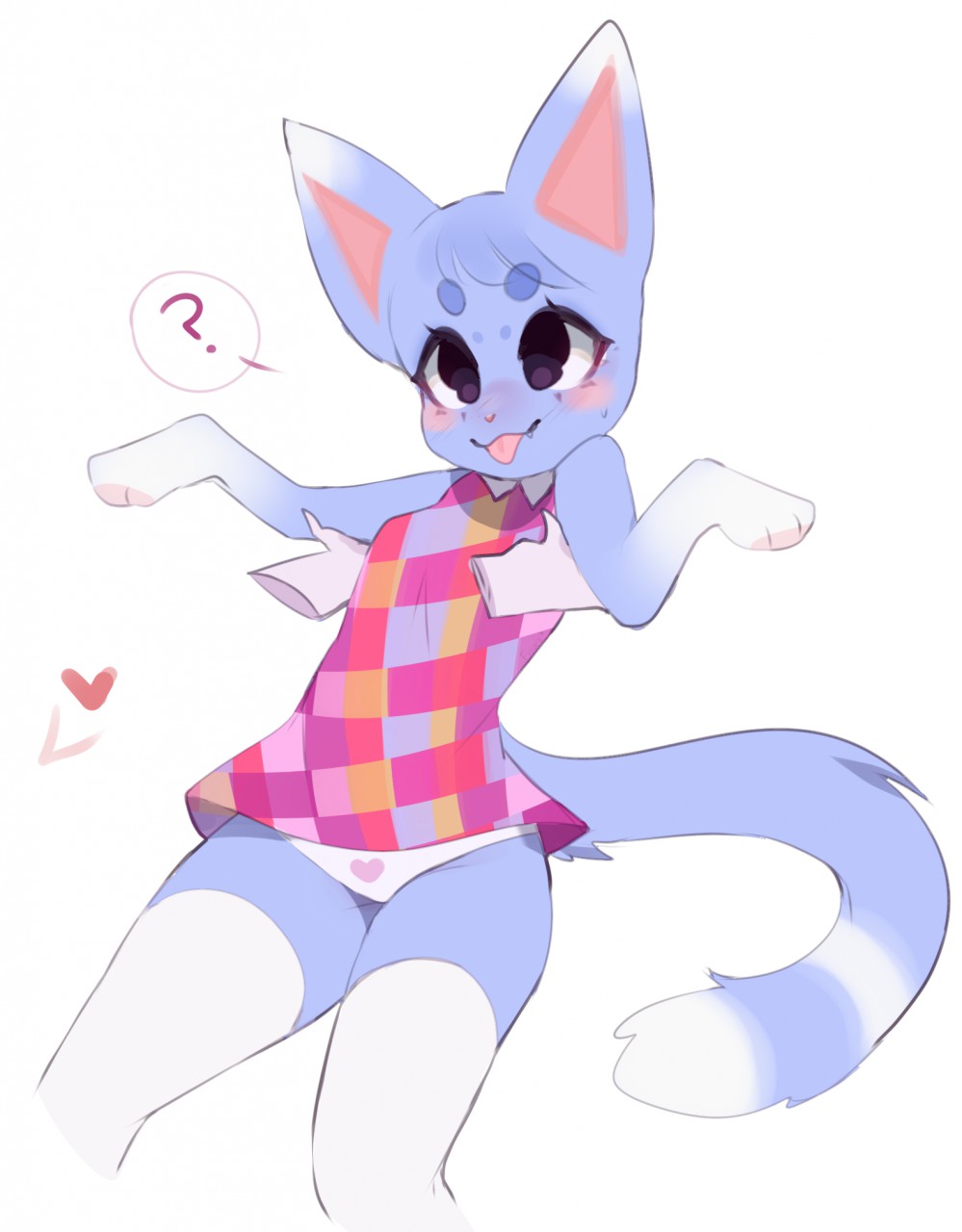 animal_crossing anthro blue_body blue_fur blush clothed clothing digital_media_(artwork) disembodied_hand domestic_cat dress felid feline felis female fredek666 fur hi_res lifting_up mammal nintendo panties purple_eyes ringtail rosie_(animal_crossing) simple_background solo_focus tongue tongue_out underwear video_games white_background