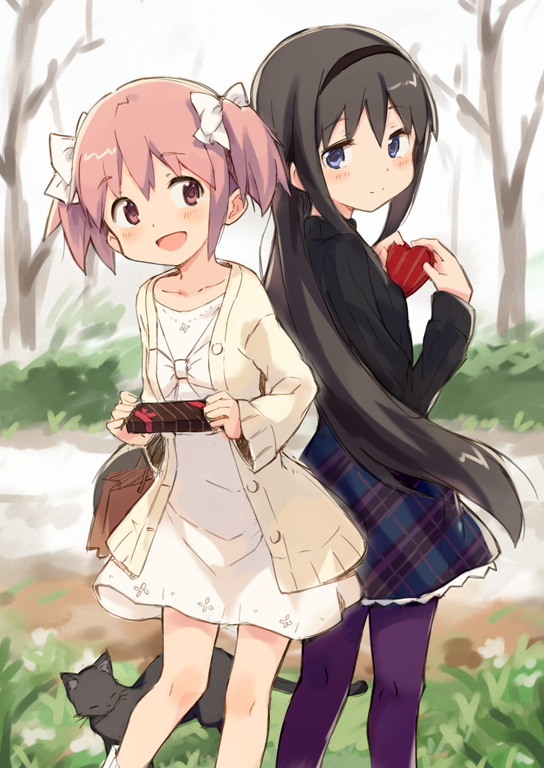 2girls :d akemi_homura amy_(madoka_magica) back-to-back bangs black_hair black_hairband blush box box_of_chocolates breasts candy cat chocolate chocolate_heart closed_mouth collarbone cowboy_shot dress ears eyebrows_visible_through_hair food gift hair_between_eyes hair_ribbon hairband heart heart-shaped_box highres holding holding_food kaname_madoka kyuri long_hair long_sleeves looking_at_another magical_girl mahou_shoujo_madoka_magica multiple_girls open_mouth pantyhose patterned_clothing pink_eyes pink_hair purple_eyes purple_legwear ribbon shiny shiny_hair short_hair short_twintails sidelocks skirt small_breasts smile standing straight_hair swept_bangs tree twintails valentine very_long_hair white_dress winter yuri