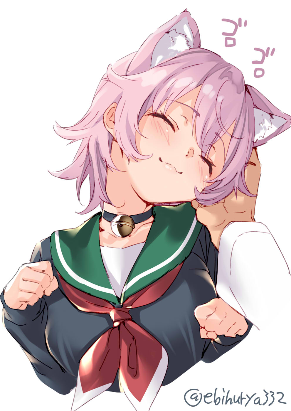 1girl animal_ears bell black_cardigan blush cardigan cat_ears closed_eyes collarbone cropped_torso ebifurya green_sailor_collar hair_between_eyes highres jingle_bell kantai_collection neckerchief out_of_frame paw_pose pink_hair red_neckwear sailor_collar school_uniform serafuku simple_background smile solo_focus tama_(kantai_collection) twitter_username white_background