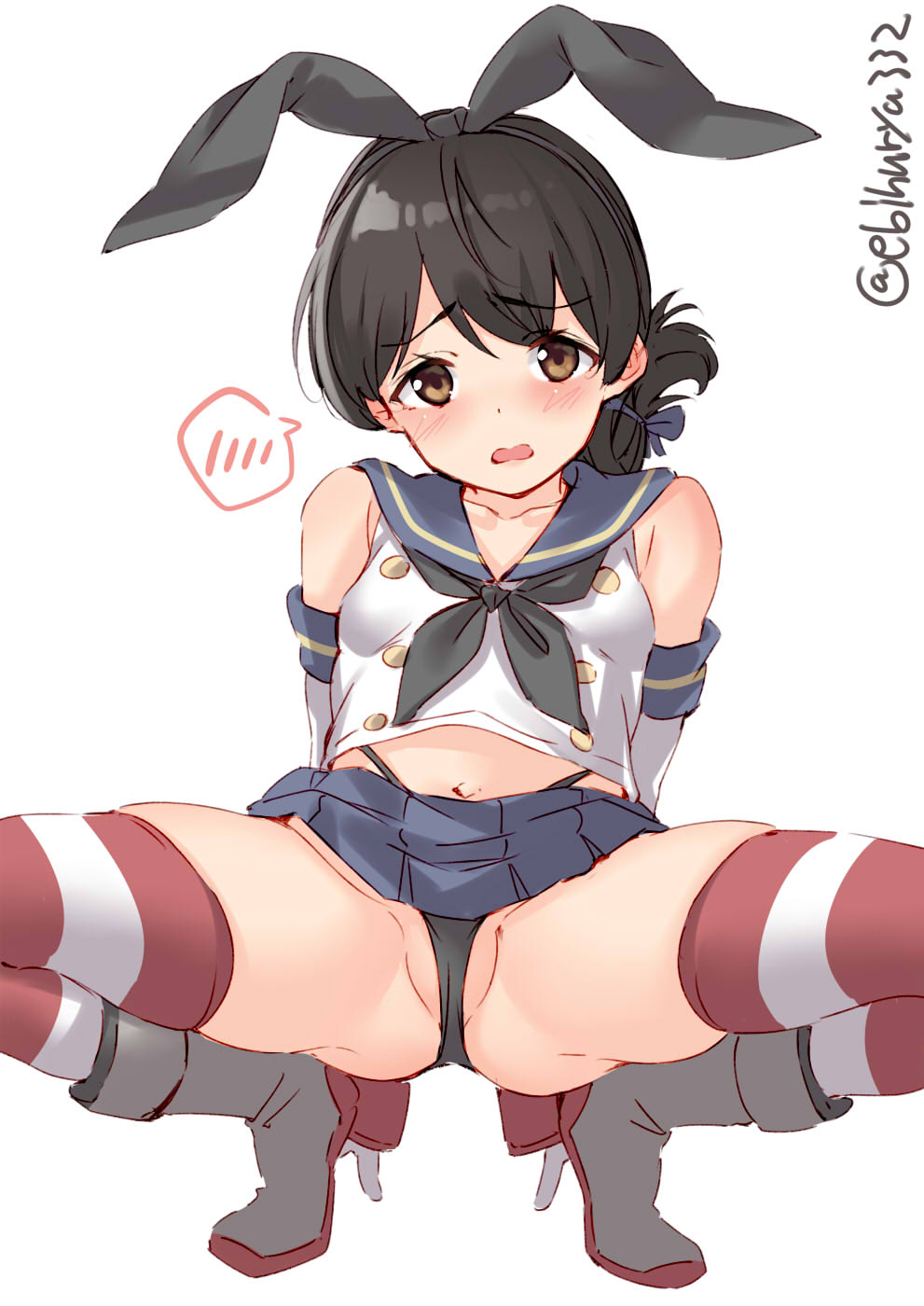 1girl black_hair black_neckwear black_panties blue_sailor_collar blue_skirt blush brown_eyes collarbone cosplay crop_top ebifurya elbow_gloves eyebrows_visible_through_hair full_body gloves highleg highleg_panties highres kantai_collection kasuga_maru_(kantai_collection) microskirt navel neckerchief open_mouth panties partially_visible_vulva pleated_skirt sailor_collar school_uniform serafuku shimakaze_(kantai_collection) shimakaze_(kantai_collection)_(cosplay) short_hair simple_background skirt sleeveless solo spoken_blush striped striped_legwear taiyou_(kantai_collection) thighhighs twitter_username underwear white_background white_gloves