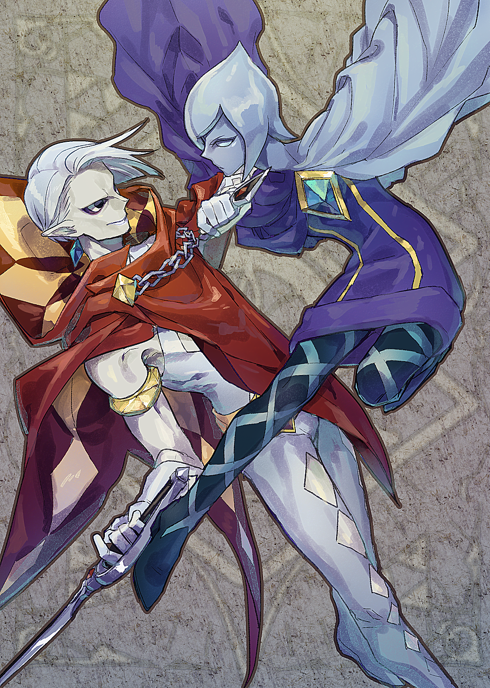 1boy 1girl armlet blue_earrings blue_eyes blue_hair blue_skin cape eye_contact fi ghirahim gloves grey_background highres holding holding_sword holding_weapon jewelry kiri_hinowa looking_at_another pants pantyhose pointy_ears red_cape short_hair sword the_legend_of_zelda the_legend_of_zelda:_skyward_sword weapon white_gloves white_hair