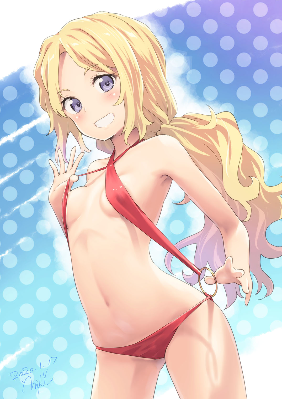 1girl areolae ass_visible_through_thighs bare_shoulders blonde_hair blue_eyes blush breasts cowboy_shot dated dotted_background errant eyebrows_visible_through_hair frenda_seivelun highres long_hair looking_at_viewer low_ponytail navel o-ring o-ring_swimsuit ponytail red_swimsuit signature slingshot_swimsuit small_breasts smile solo swimsuit swimsuit_pull teeth to_aru_kagaku_no_railgun to_aru_majutsu_no_index