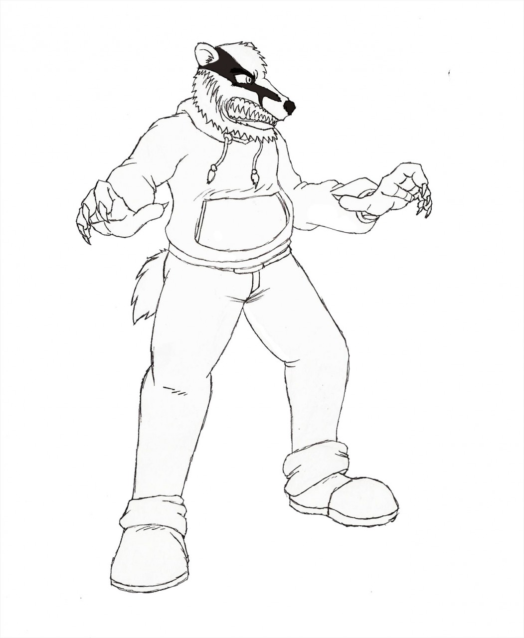 angry anthro augen_sinum_(character) augensinum badger beard belt bottomwear claws clothed clothing digital_drawing_(artwork) digital_media_(artwork) facial_hair footwear growling hi_res hoodie jeans male mammal monochrome mustela mustelid musteline pants sharp_claws sharp_teeth shoes simple_background solo standing teeth topwear white_background