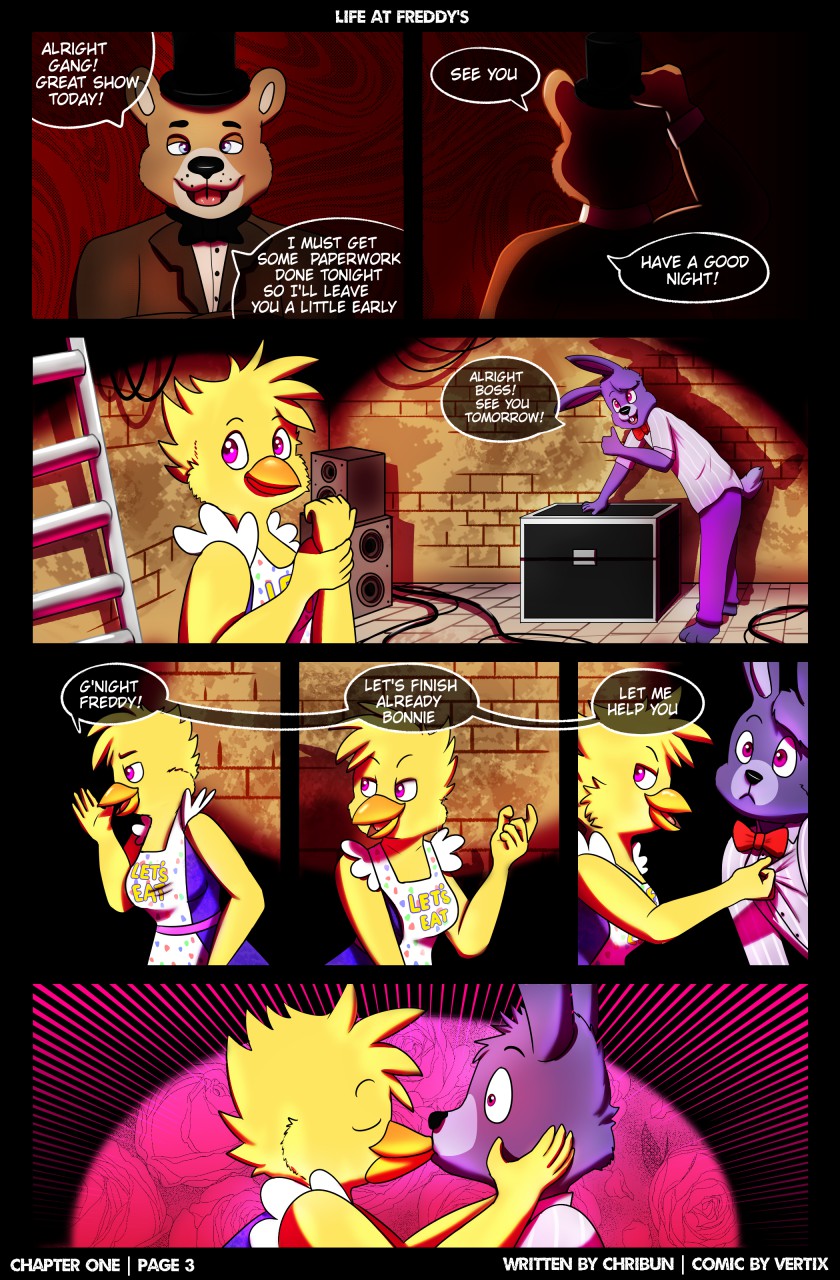 avian bird bonnie_(fnaf) chica_(fnaf) chicken clothing comic couple_(romantic) english_text female five_nights_at_freddy's freddy_(fnaf) galliform gallus_(genus) group hat headgear headwear hi_res kissing lagomorph leporid love male male/female mammal phasianid rabbit romantic_ambiance shocked stage stage_props text ursid vertix video_games