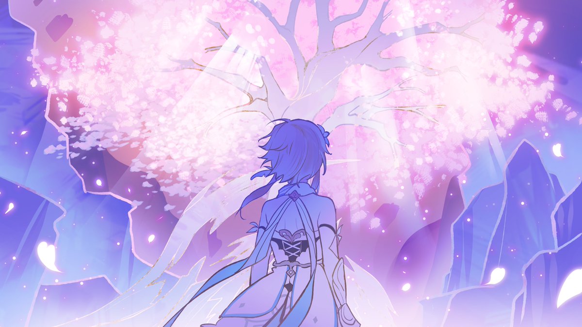 1girl arm_armor astruma2 back bare_back bare_shoulders blonde_hair blue_flower blue_sky branch cherry_blossoms detached_sleeves dress english_commentary feather_hair_ornament feathers flower genshin_impact hair_flower hair_ornament long_sleeves lumine_(genshin_impact) outdoors petals rock short_hair short_hair_with_long_locks sidelocks sky solo sparkle_print standing tree white_dress