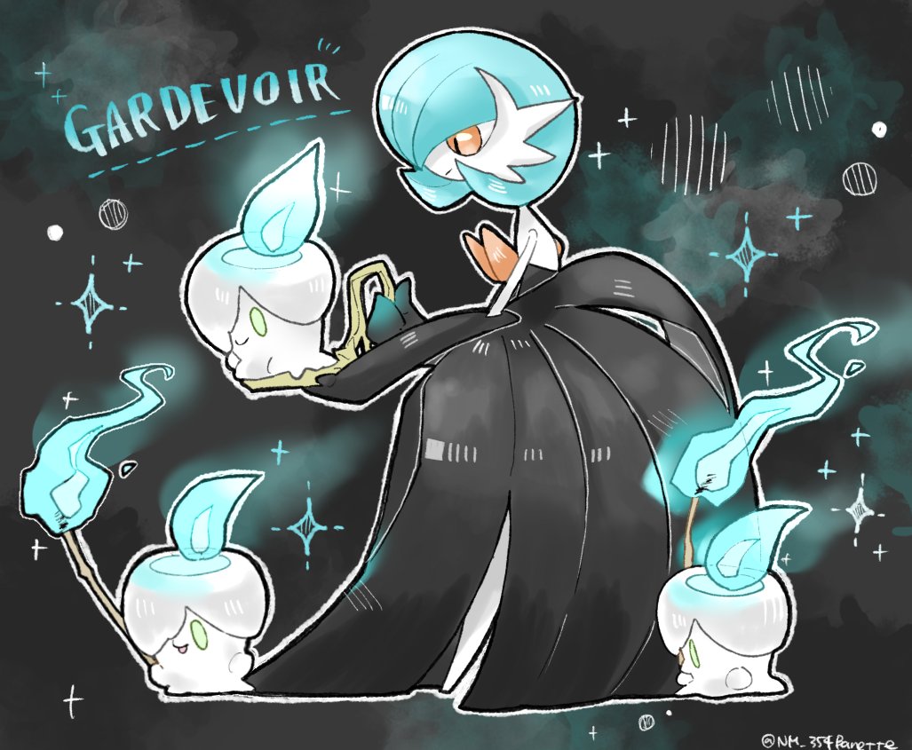 alternate_color black_background black_dress black_gloves blue_hair bob_cut dress elbow_gloves gardevoir gloves gun holding holding_torch litwick mega_gardevoir nm_354banette orange_eyes pokemon pokemon_(creature) shiny_pokemon smile strapless strapless_dress torch weapon yellow_eyes