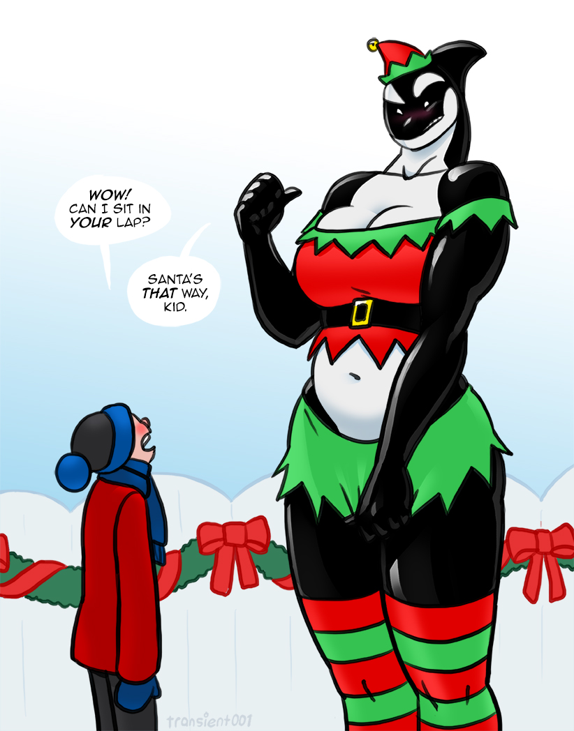 anthro big_breasts big_butt blush breasts butt cetacean christmas christmas_clothing cleavage clothed clothing dc_comics dolphin duo female holidays human male mammal marine navel oceanic_dolphin orca orca_(dc) thick_thighs toothed_whale transient001 wide_hips