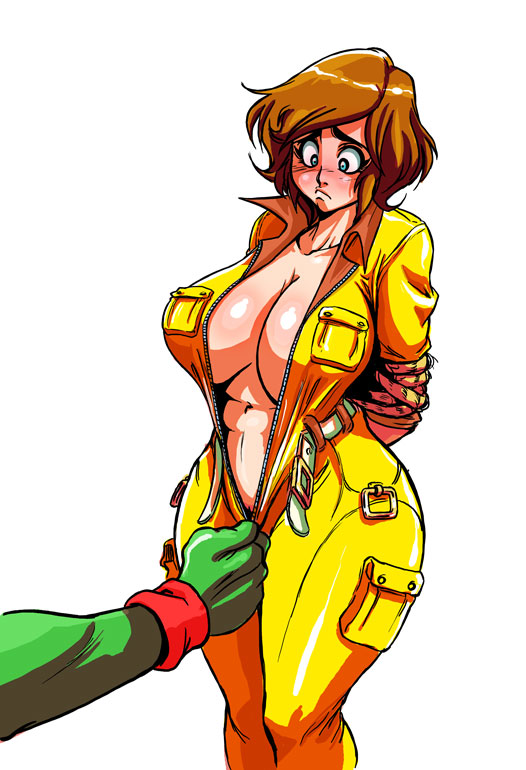 april_o'neil arms_behind_back assisted_exposure bdsm blush bondage bound breasts cleavage curvy embarrassed jumpsuit large_breasts navel open_clothes open_shirt raphael shirt sleeves_rolled_up teenage_mutant_ninja_turtles unzipping wide_hips yves_bigerel